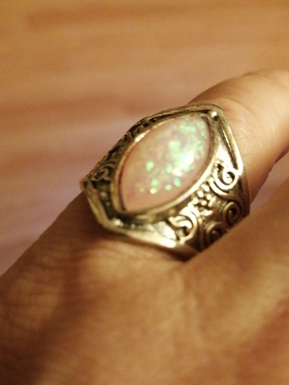 Antique Style Silver Filigree Pink Glitter Marquise Ring Size 7.5